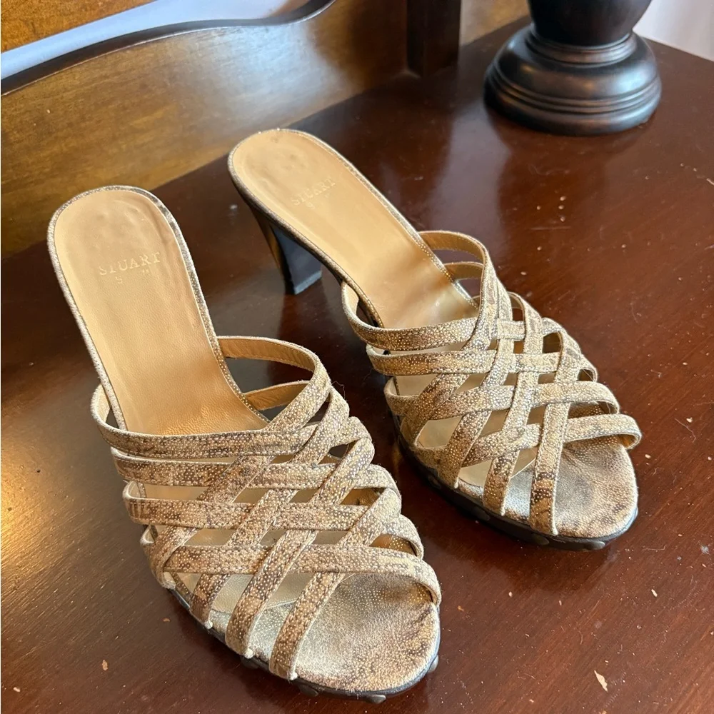 Stuart Weitzman Gold Strappy Heels - Picture 1 of 12